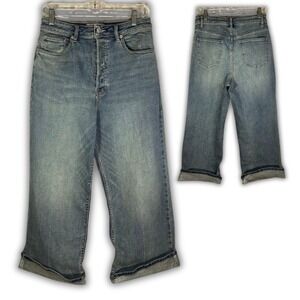 Free People Wide Leg Crop Jeans Blue Wash Button Fly Women Sz 28 Boho Lag N Look